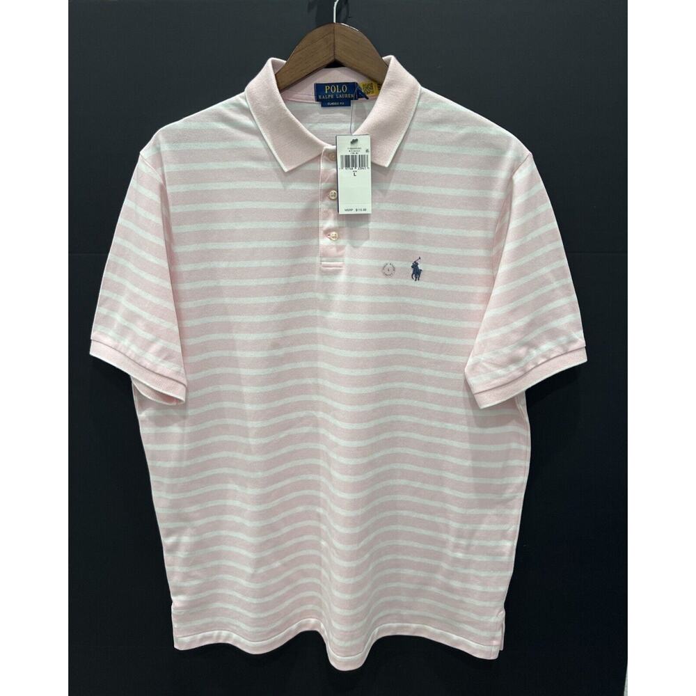 Ralph Lauren Golf Polo Mens L Large Pink White Striped Short Sleeve Cotton Shirt